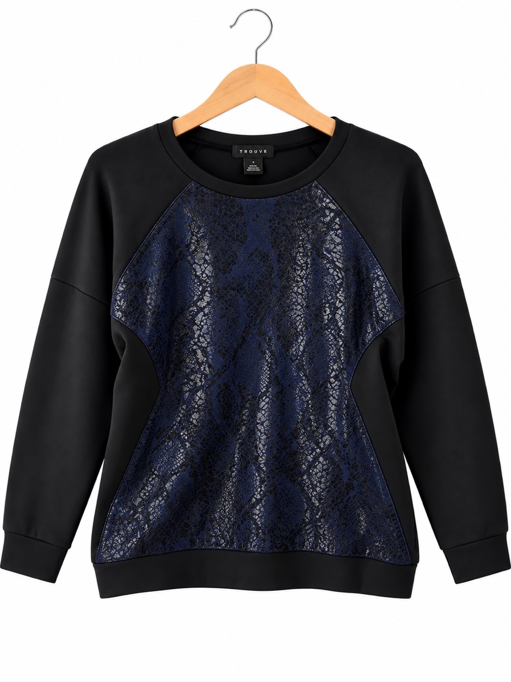 Trouvé Black Metallic Shimmer Sweatshirt M Faux Leather Like Panel Crewneck Chic